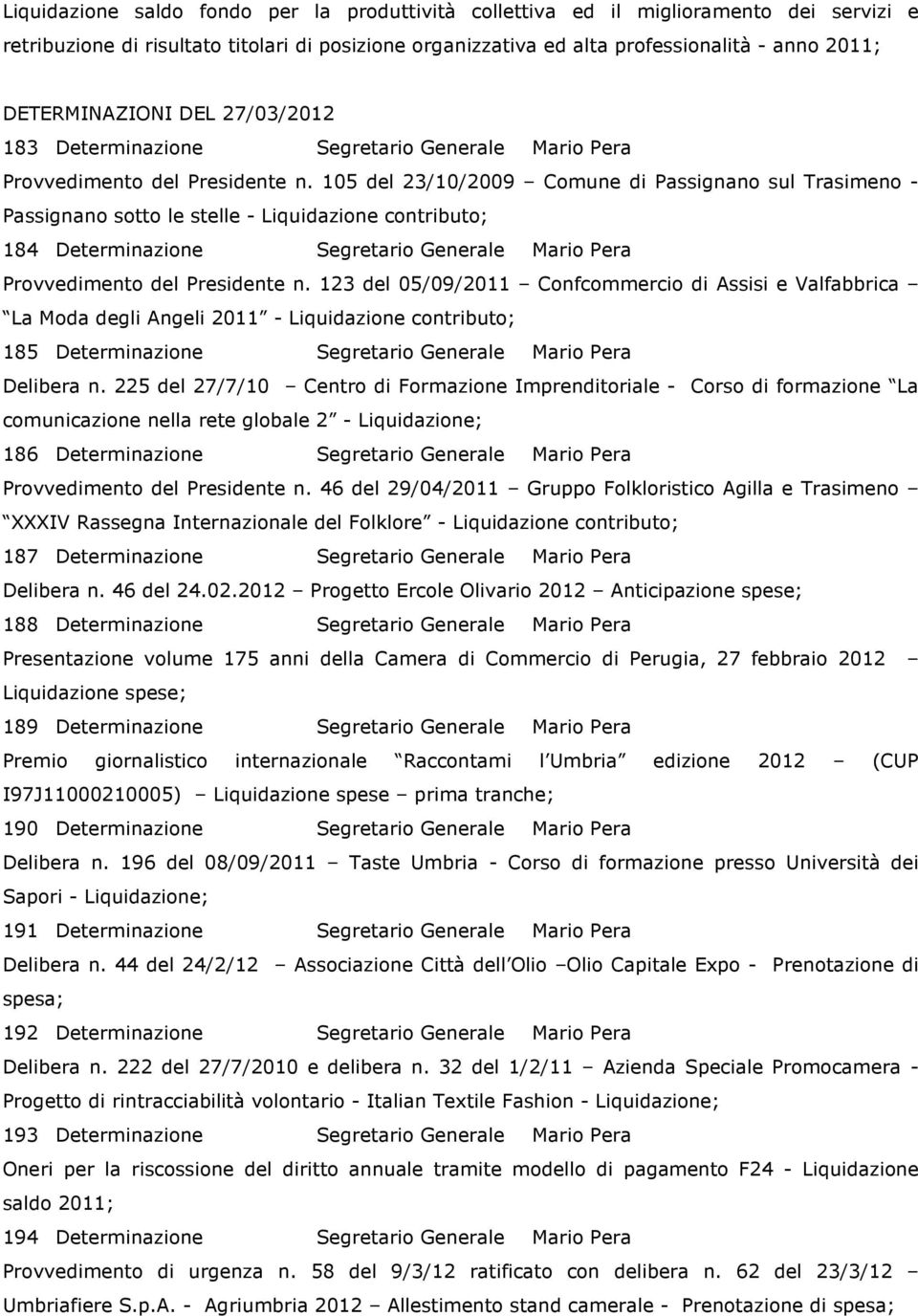 105 del 23/10/2009 Comune di Passignano sul Trasimeno - Passignano sotto le stelle - Liquidazione contributo; 184 Determinazione Segretario Generale Mario Pera Provvedimento del Presidente n.