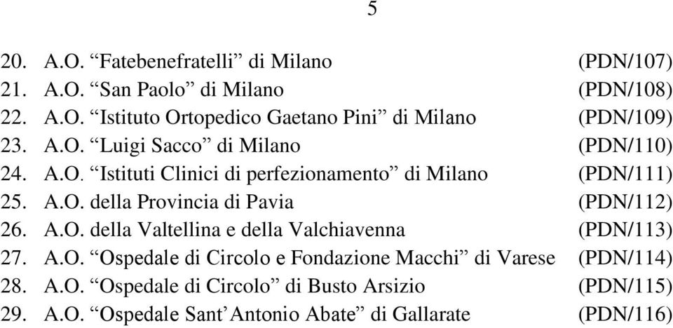 A.O. Ospedale di Circolo e Fondazione Macchi di Varese 28. A.O. Ospedale di Circolo di Busto Arsizio 29. A.O. Ospedale Sant Antonio