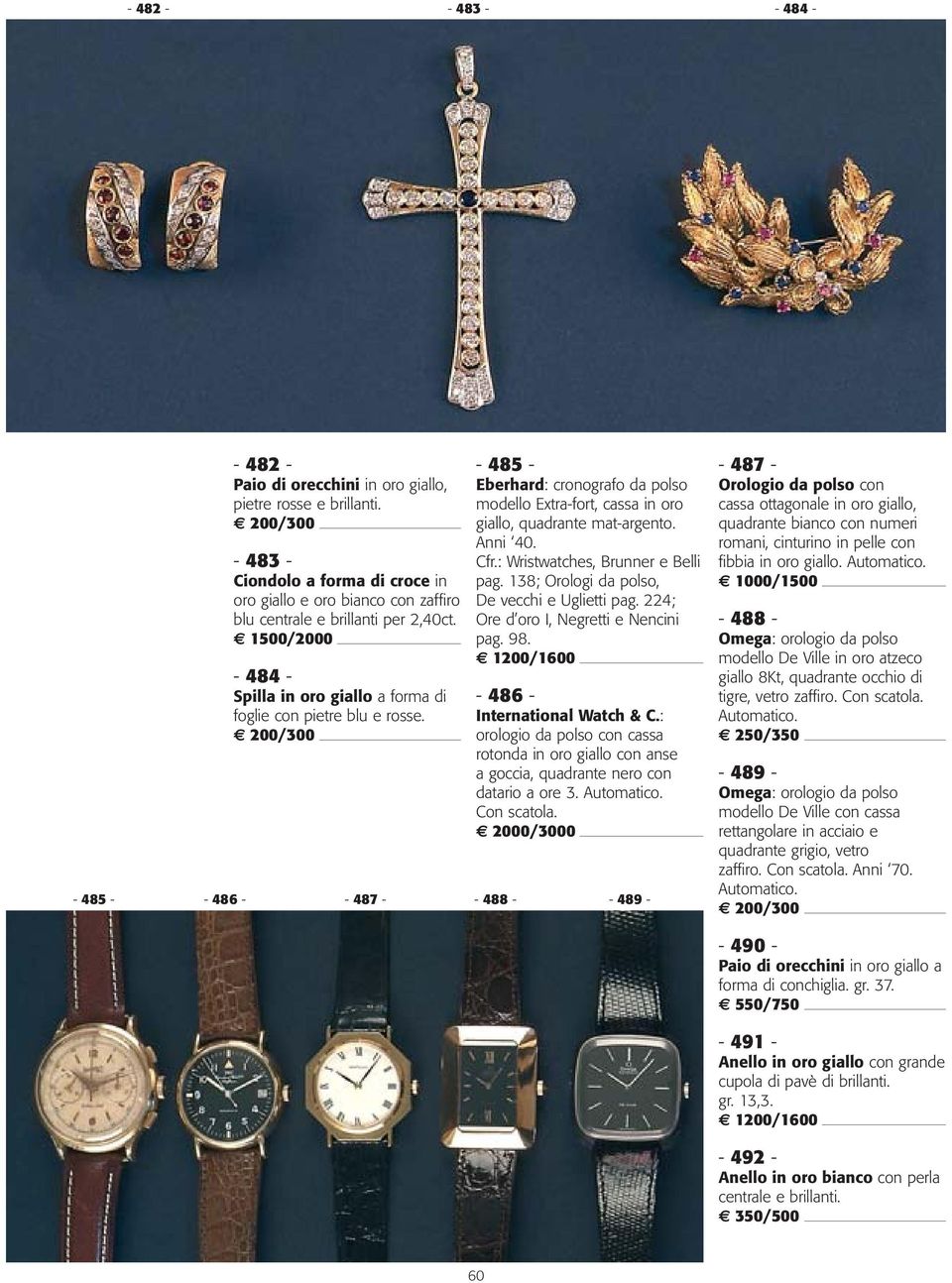 : Wristwatches, Brunner e Belli pag. 138; Orologi da polso, De vecchi e Uglietti pag. 224; Ore d oro I, Negretti e Nencini pag. 98. 1200/1600-486 - International Watch & C.