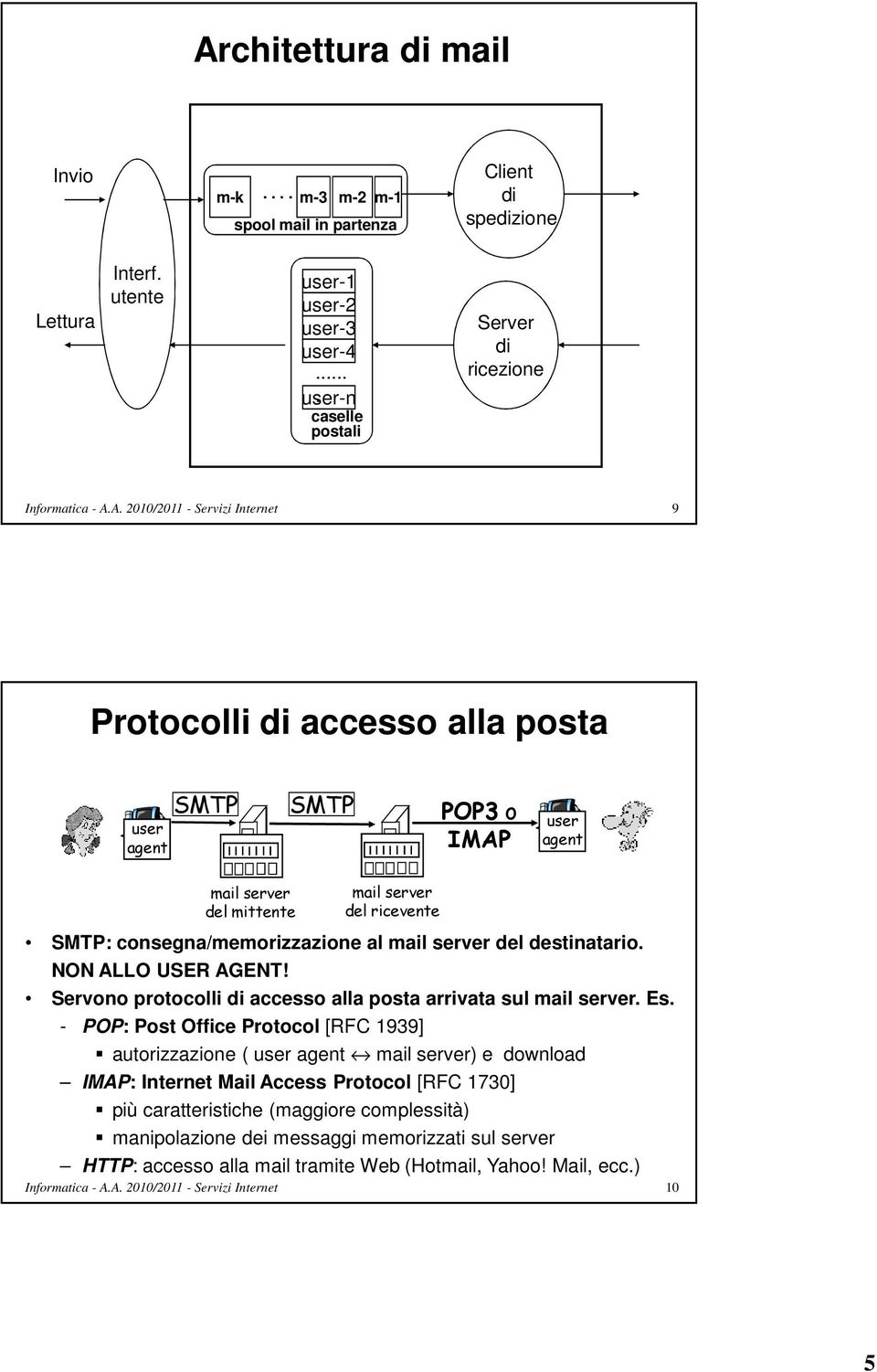 destinatario. NON ALLO USER AGENT! Servono protocolli di accesso alla posta arrivata sul mail server. Es.