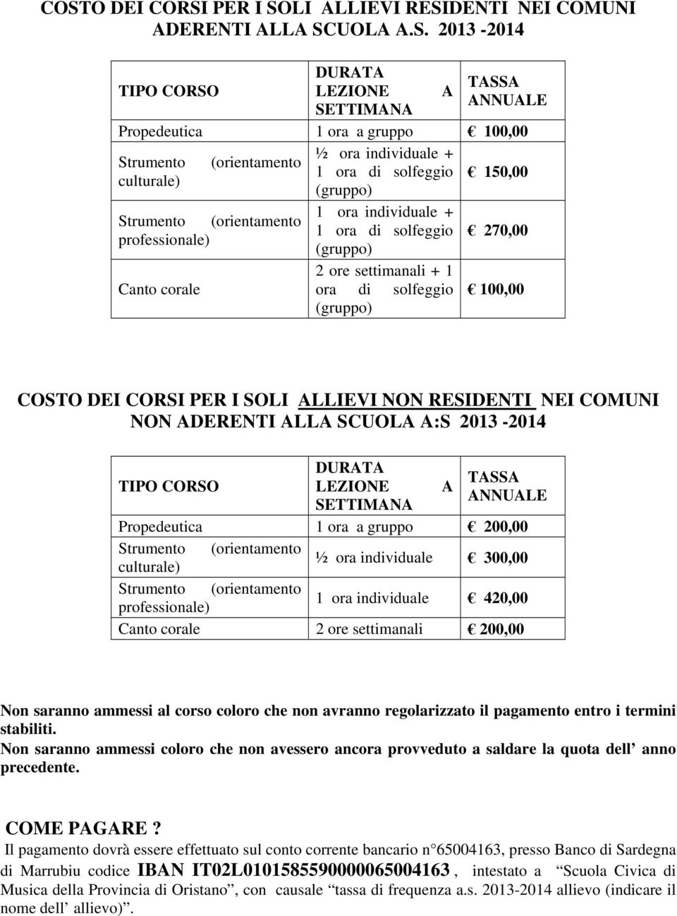 RESIDENTI NEI COMUNI NON ADERENTI ALLA SCUOLA A:S 2013-2014 TIPO CORSO DURATA TASSA LEZIONE A ANNUALE SETTIMANA Propedeutica 1 ora a gruppo 200,00 culturale) ½ ora individuale 300,00 professionale) 1