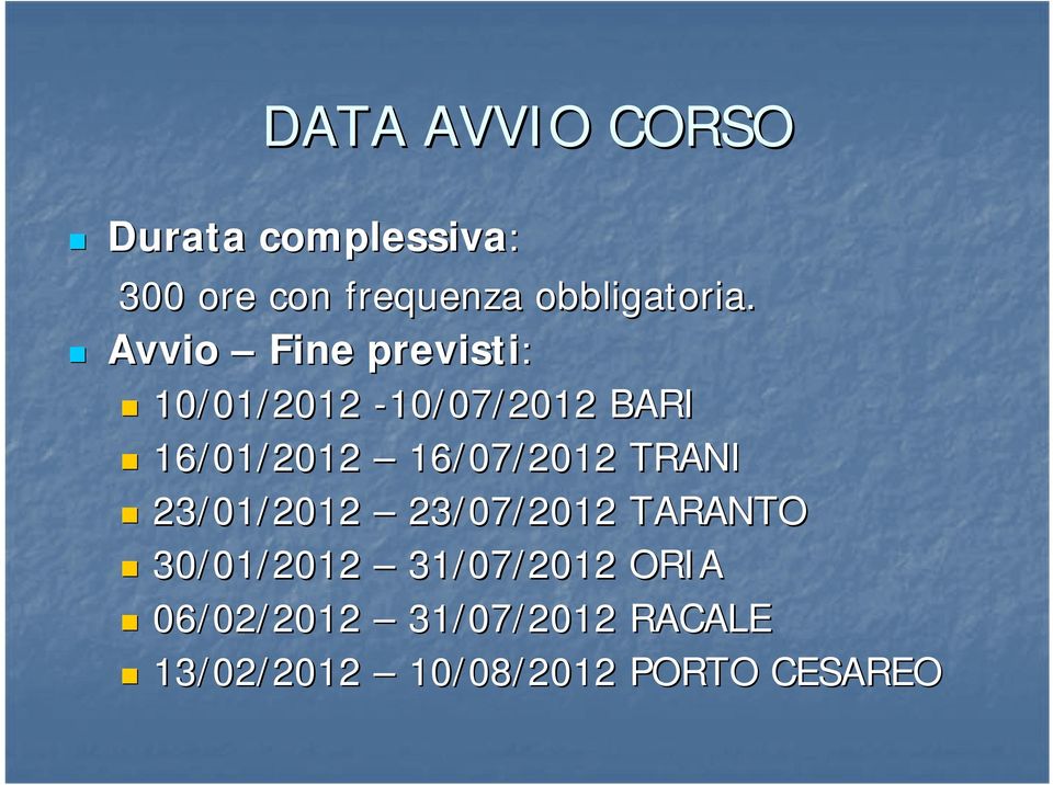 Avvio Fine previsti: 10/01/2012-10/07/2012 BARI 16/01/2012