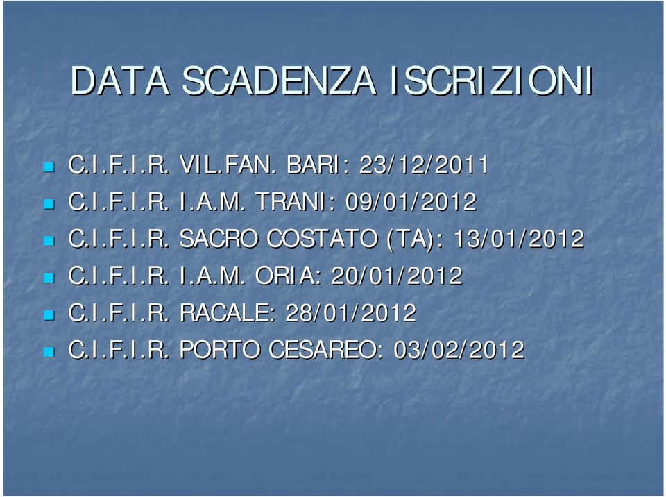 I.F.I.R. I.A.M. ORIA: 20/01/2012 C.I.F.I.R. RACALE: 28/01/2012 C.