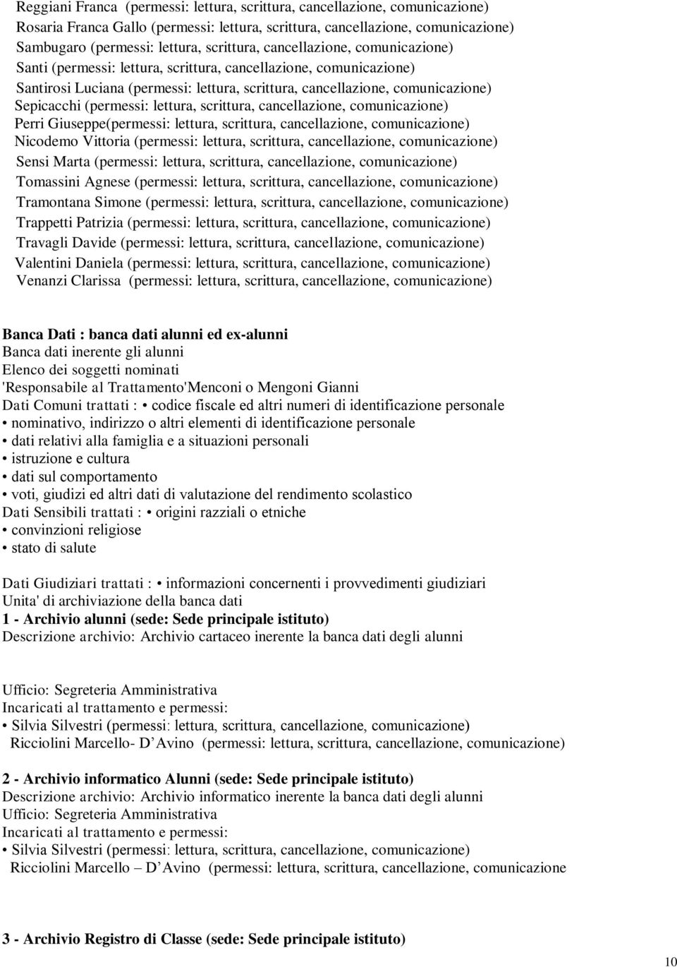 lettura, scrittura, cancellazione, comunicazione) Perri Giuseppe(permessi: lettura, scrittura, cancellazione, comunicazione) Nicodemo Vittoria (permessi: lettura, scrittura, cancellazione,