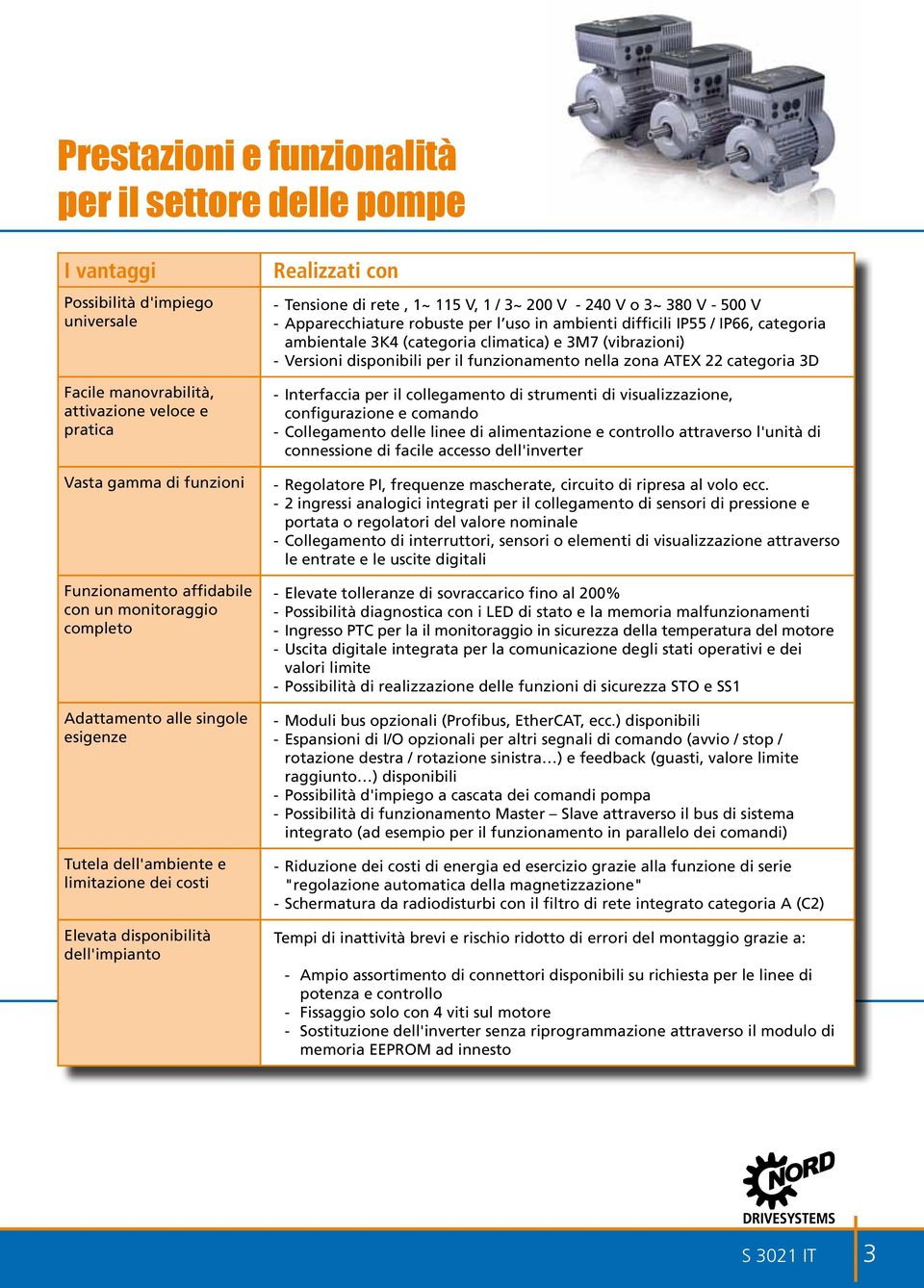 V - 240 V o 3~ 380 V - 500 V - Apparecchiature robuste per l uso in ambienti difficili IP55 / IP66, categoria ambientale 3K4 (categoria climatica) e 3M7 (vibrazioni) - Versioni disponibili per il