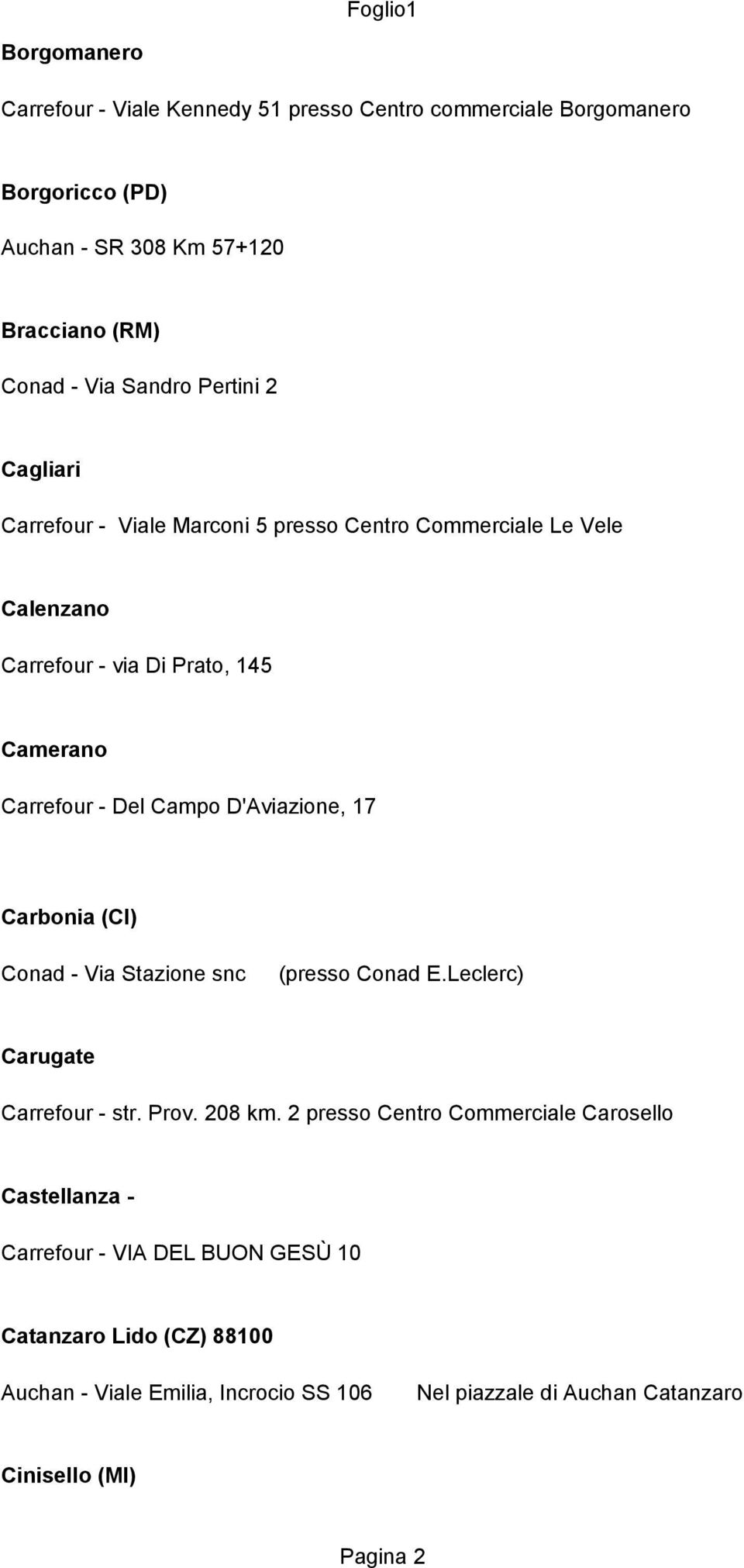 D'Aviazione, 17 Carbonia (CI) Conad - Via Stazione snc (presso Conad E.Leclerc) Carugate Carrefour - str. Prov. 208 km.