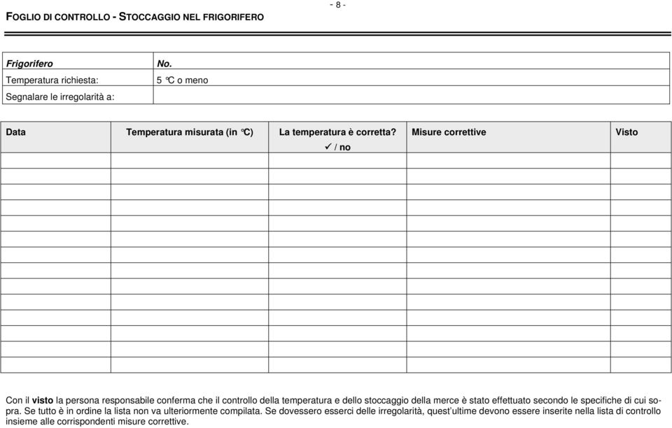 / no Misure correttive Visto Con il visto la persona responsabile conferma che il controllo della temperatura e dello stoccaggio della merce è stato