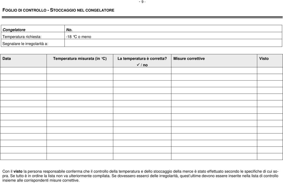 / no Misure correttive Visto Con il visto la persona responsabile conferma che il controllo della temperatura e dello stoccaggio della merce è stato