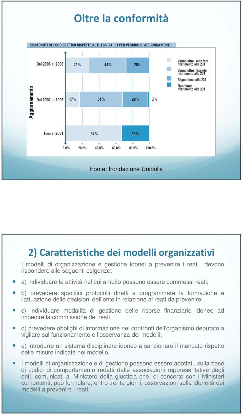 reati da prevenire; c) individuare modalità di gestione delle risorse finanziarie idonee ad impedire la commissione dei reati; d) prevedere obblighi di informazione nei confronti dell'organismo