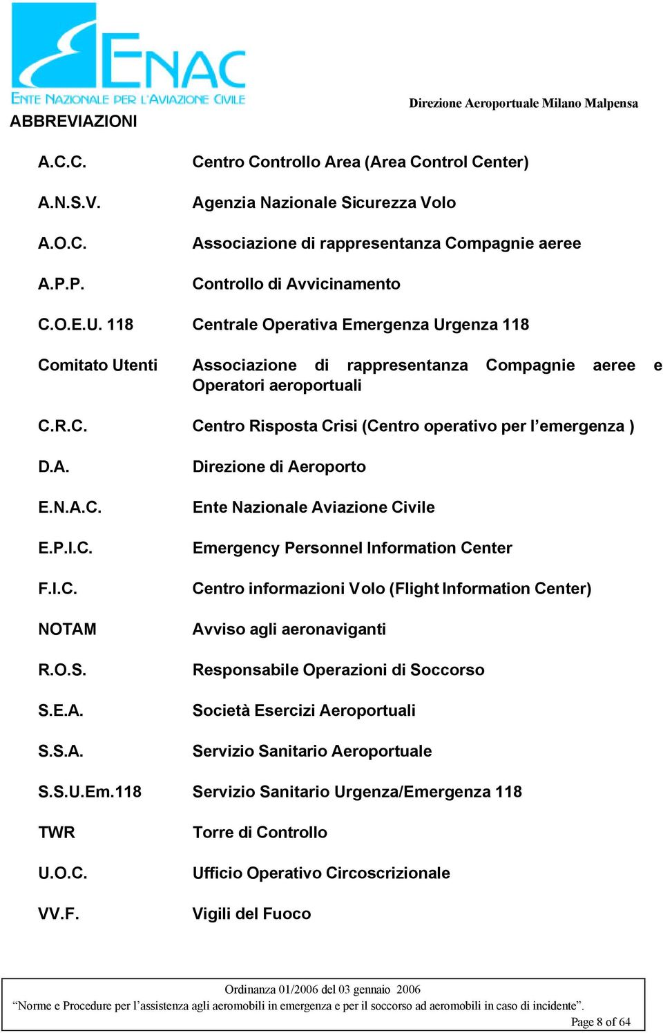 U. 118 Centrale Operativa Emergenza Urgenza 118 Comitato Utenti Associazione di rappresentanza Compagnie aeree e Operatori aeroportuali C.R.C. Centro Risposta Crisi (Centro operativo per l emergenza ) D.