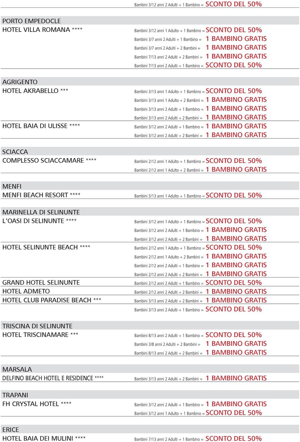 SCONTO DEL 50% Bambini 3/13 anni 1 Adulto + 2 Bambini = Bambini 3/13 anni 2 Adulti + 1 Bambino = Bambini 3/13 anni 2 Adulti + 2 Bambini = HOTEL BAIA DI ULISSE **** Bambini 3/12 anni 2 Adulti + 1