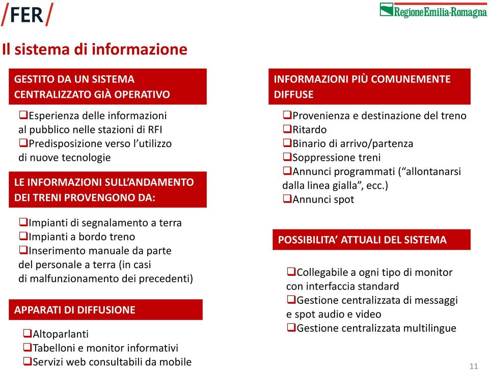 precedenti) APPARATI DI DIFFUSIONE Altoparlanti Tabelloni e monitor informativi Servizi web consultabili da mobile INFORMAZIONI PIÙ COMUNEMENTE DIFFUSE Provenienza e destinazione del treno Ritardo