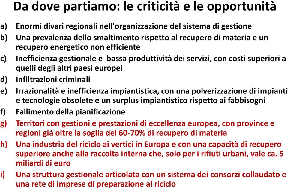 inefficienza impiantistica, con una polverizzazione di impianti e tecnologie obsolete e un surplus impiantistico rispetto ai fabbisogni f) Fallimento della pianificazione g) Territori con gestioni e