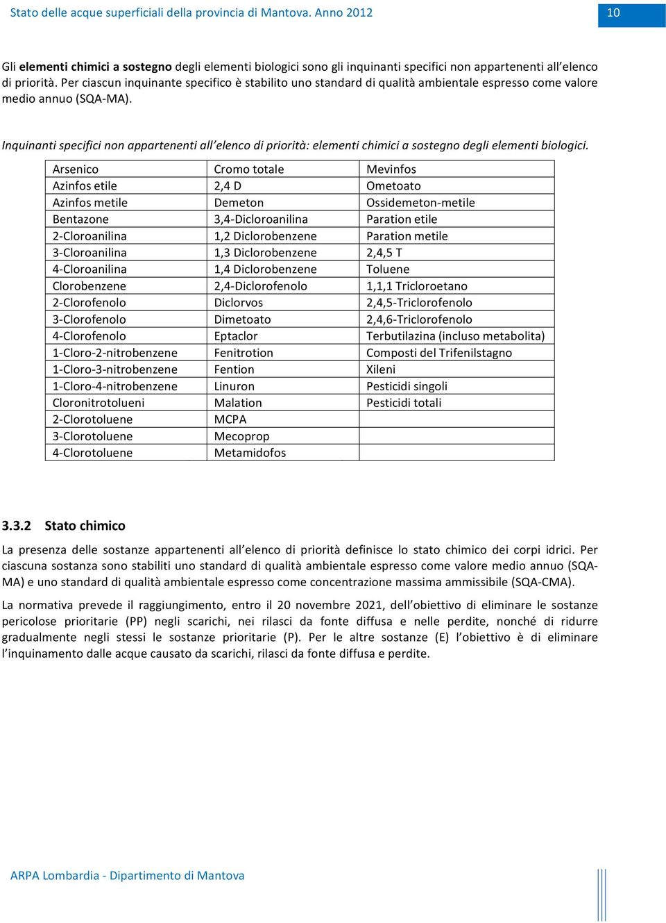 Inquinanti specifici non appartenenti all elenco di priorità: elementi chimici a sostegno degli elementi biologici.