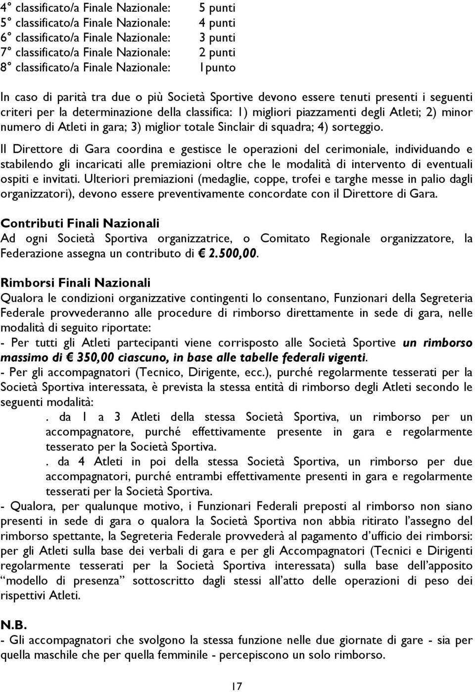 minor numero di Atleti in gara; 3) miglior totale Sinclair di squadra; 4) sorteggio.