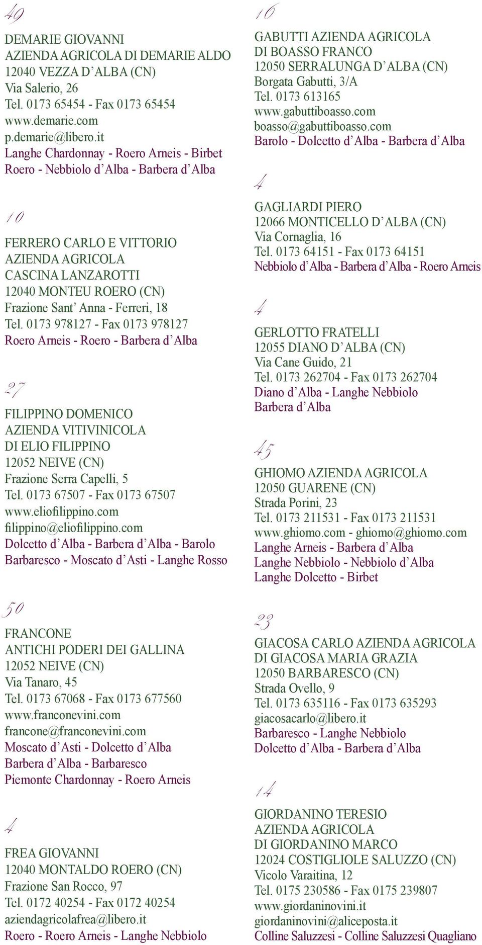 0173 97817 - Fax 0173 97817 Roero Arneis - Roero - Barbera d Alba 7 FILIPPINO DOMENICO AZIENDA VITIVINICOLA DI ELIO FILIPPINO 105 NEIVE () Frazione Serra Capelli, 5 Tel.