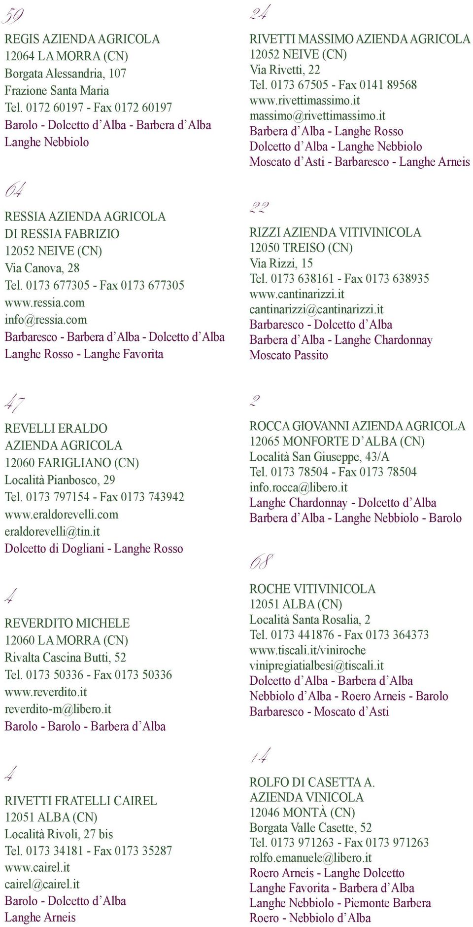 com info@ressia.com Barbaresco - Barbera d Alba - Dolcetto d Alba Langhe Rosso - Langhe Favorita 7 REVELLI ERALDO 1060 FARIGLIANO () Località Pianbosco, 9 Tel. 0173 79715 - Fax 0173 739 www.