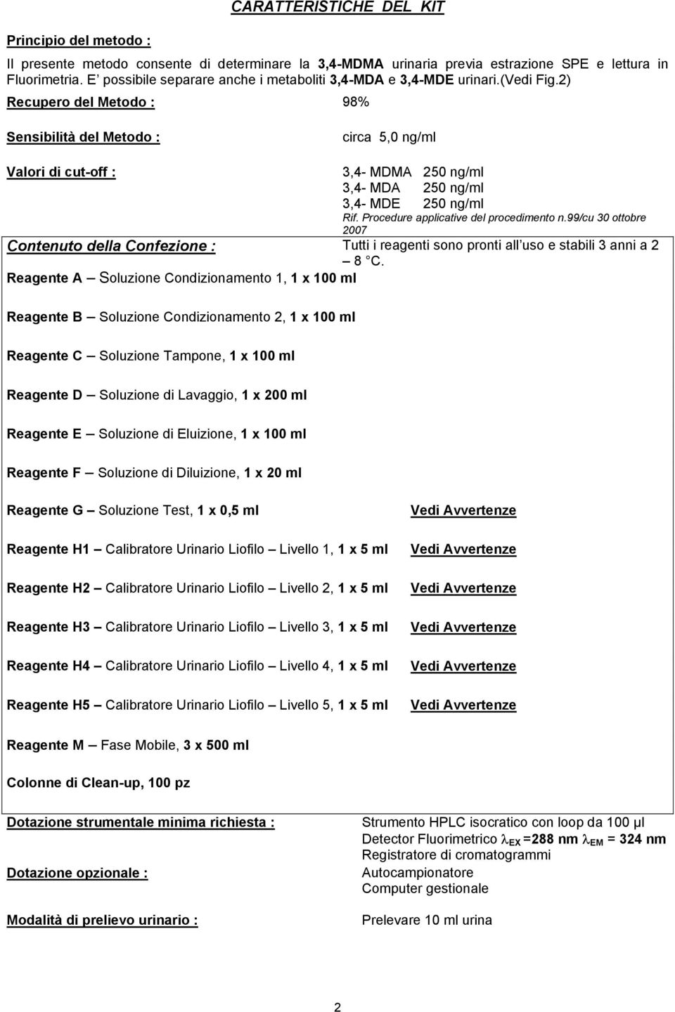 2) Recupero del Metodo : 98% Sensibilità del Metodo : circa 5,0 Valori di cut-off : 3,4- MDMA 250 3,4- MDA 250 3,4- MDE 250 Rif. Procedure applicative del procedimento n.