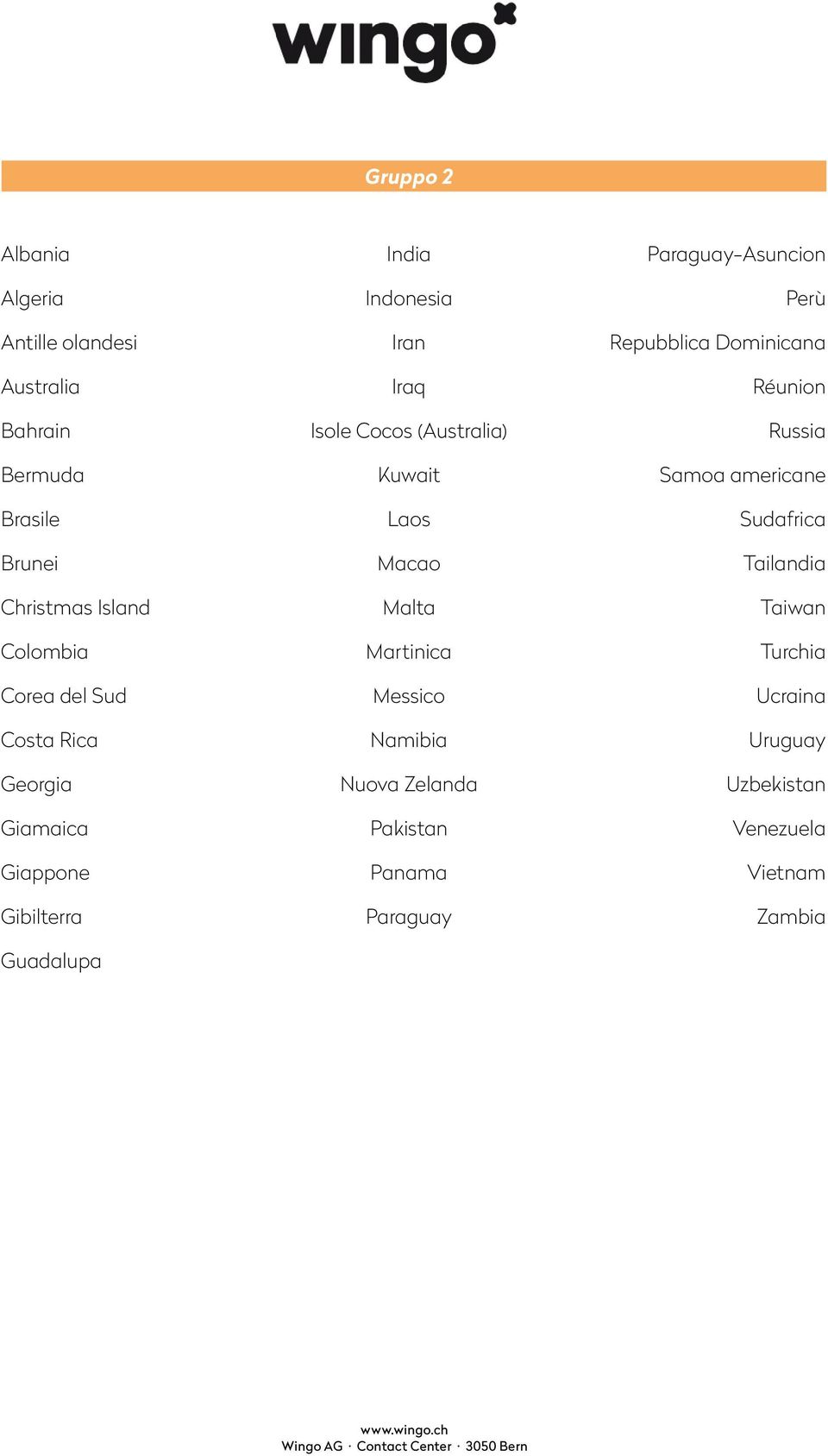 Laos Macao Malta Martinica Messico Namibia Nuova Zelanda Pakistan Panama Paraguay Paraguay-Asuncion Perù Repubblica