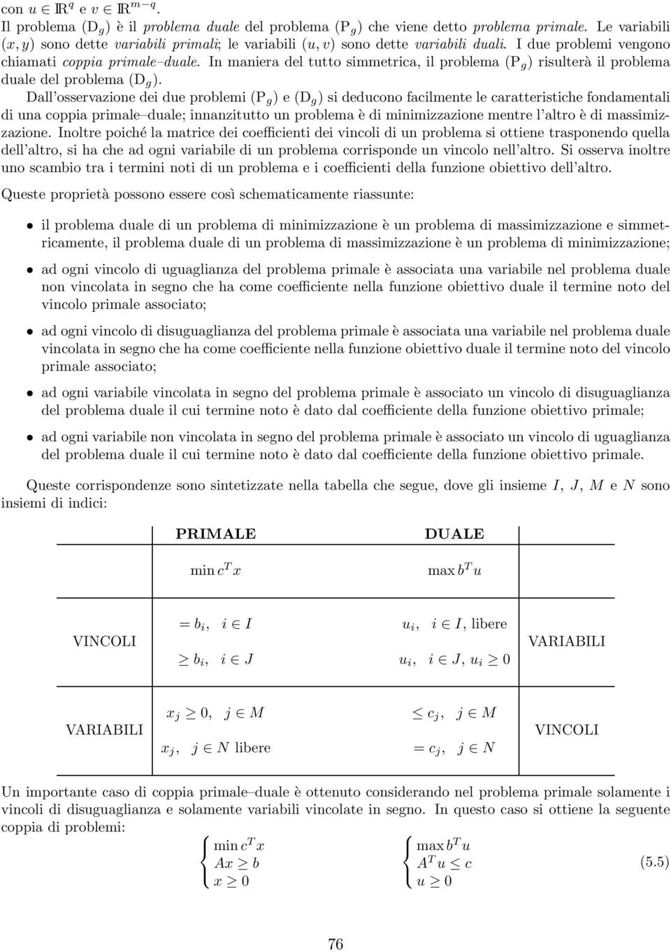 In maniera del tutto simmetrica, il problema (P g )risulteràilproblema duale del problema (D g ).