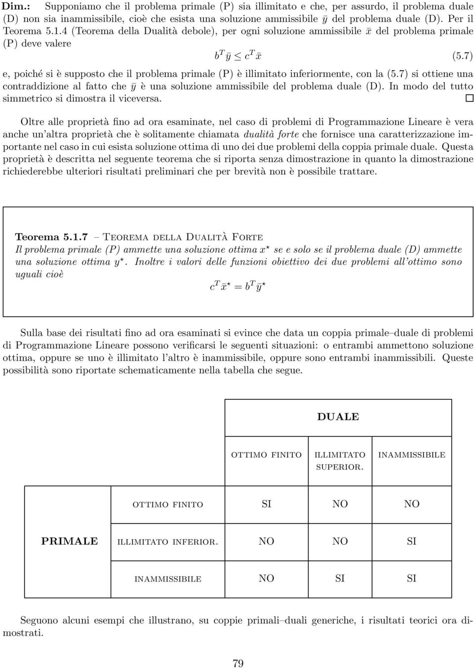 7) e, poiché siè supposto che il problema primale (P) è illimitato inferiormente, con la (5.7) si ottiene una contraddizione al fatto che ȳ è una soluzione ammissibile del problema duale (D).