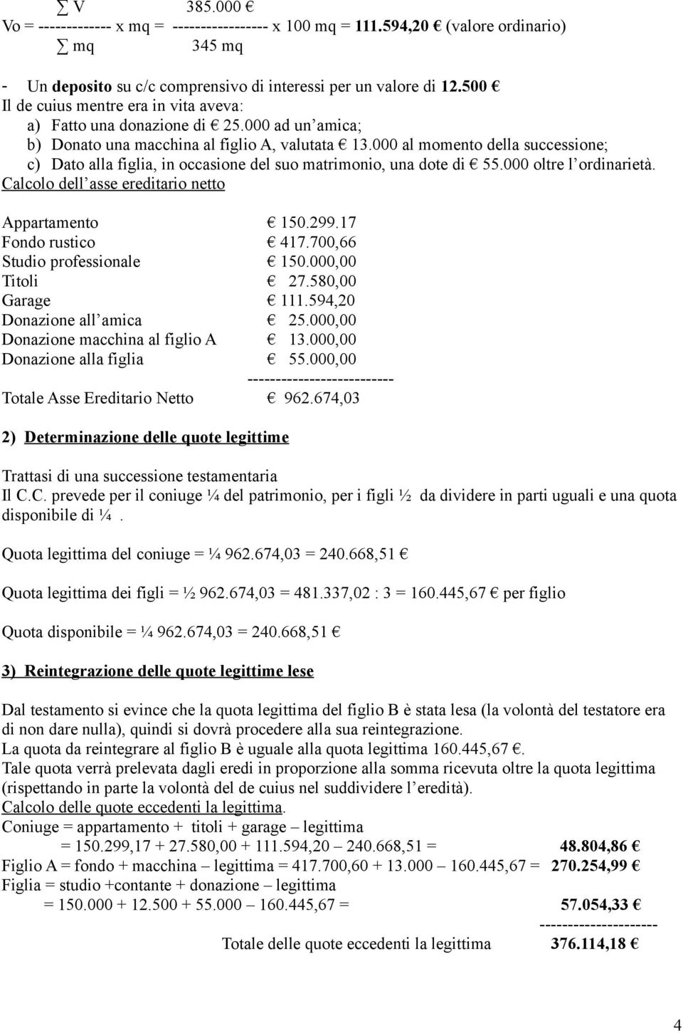 000 al momento della successione; c) Dato alla figlia, in occasione del suo matrimonio, una dote di 55.000 oltre l ordinarietà. Calcolo dell asse ereditario netto Appartamento 150.299.