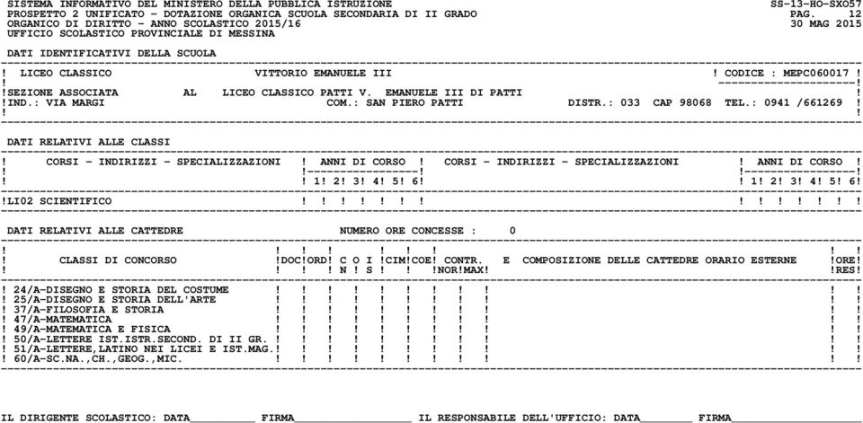 CORSI - INDIRIZZI - SPECIALIZZAZIONI! ANNI DI CORSO! ----------------------------------! 1! 2! 3! 4! 5! 6 1! 2! 3! 4! 5! 6!!LI02 SCIENTIFICO! N! S!NOR!MAXRES!! 24/A-DISEGNO E STORIA DEL COSTUME!