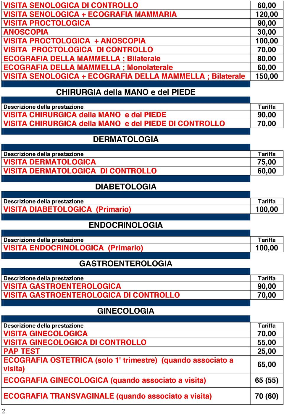 VISITA CHIRURGICA della MANO e del PIEDE 90,00 VISITA CHIRURGICA della MANO e del PIEDE DI CONTROLLO 70,00 DERMATOLOGIA VISITA DERMATOLOGICA VISITA DERMATOLOGICA DI CONTROLLO 60,00 DIABETOLOGIA