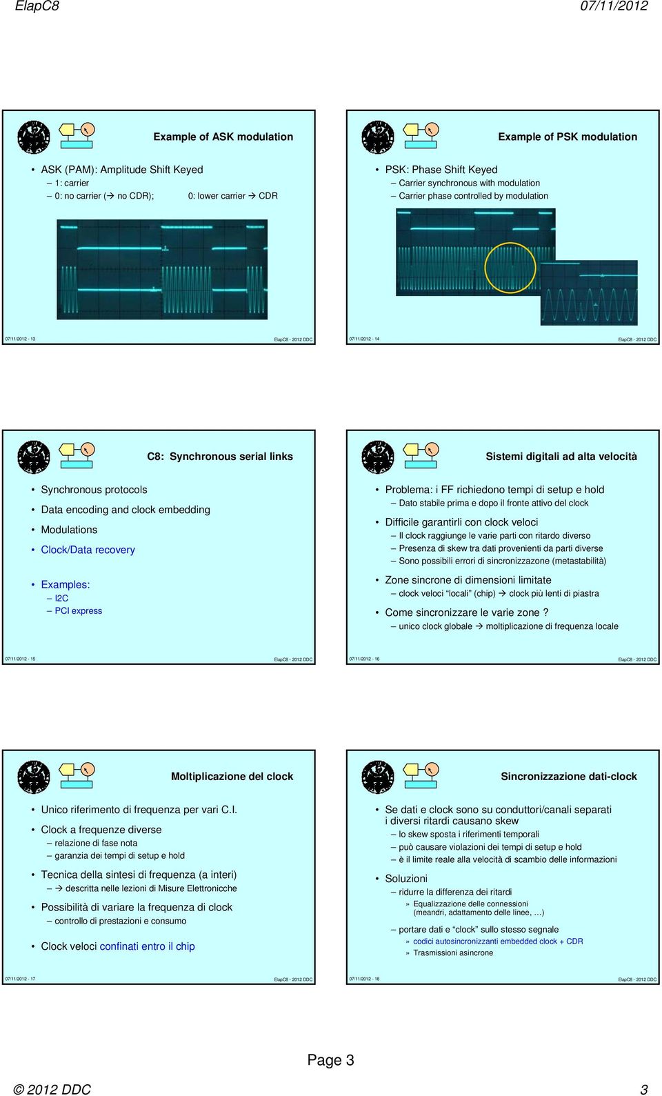 encoding and clock embedding Modulations Clock/Data recovery Examples: I2C PCI express Problema: i FF richiedono tempi di setup e hold Dato stabile prima e dopo il fronte attivo del clock Difficile