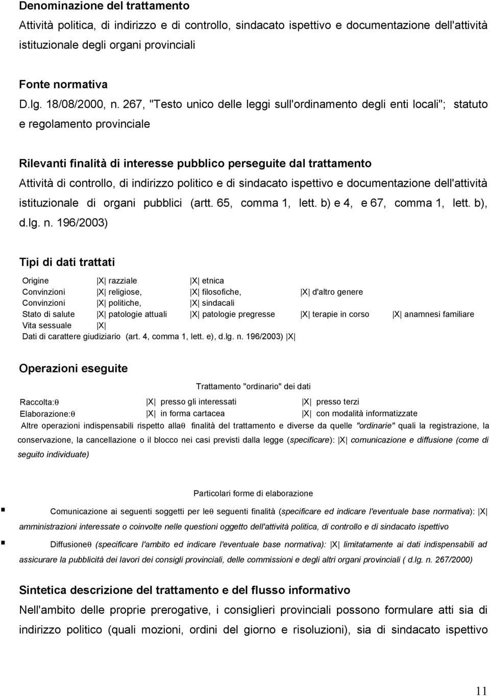 267, "Testo unico delle leggi sull'ordinamento degli enti locali"; statuto e regolamento provinciale Rilevanti finalità di interesse pubblico perseguite dal trattamento Attività di controllo, di