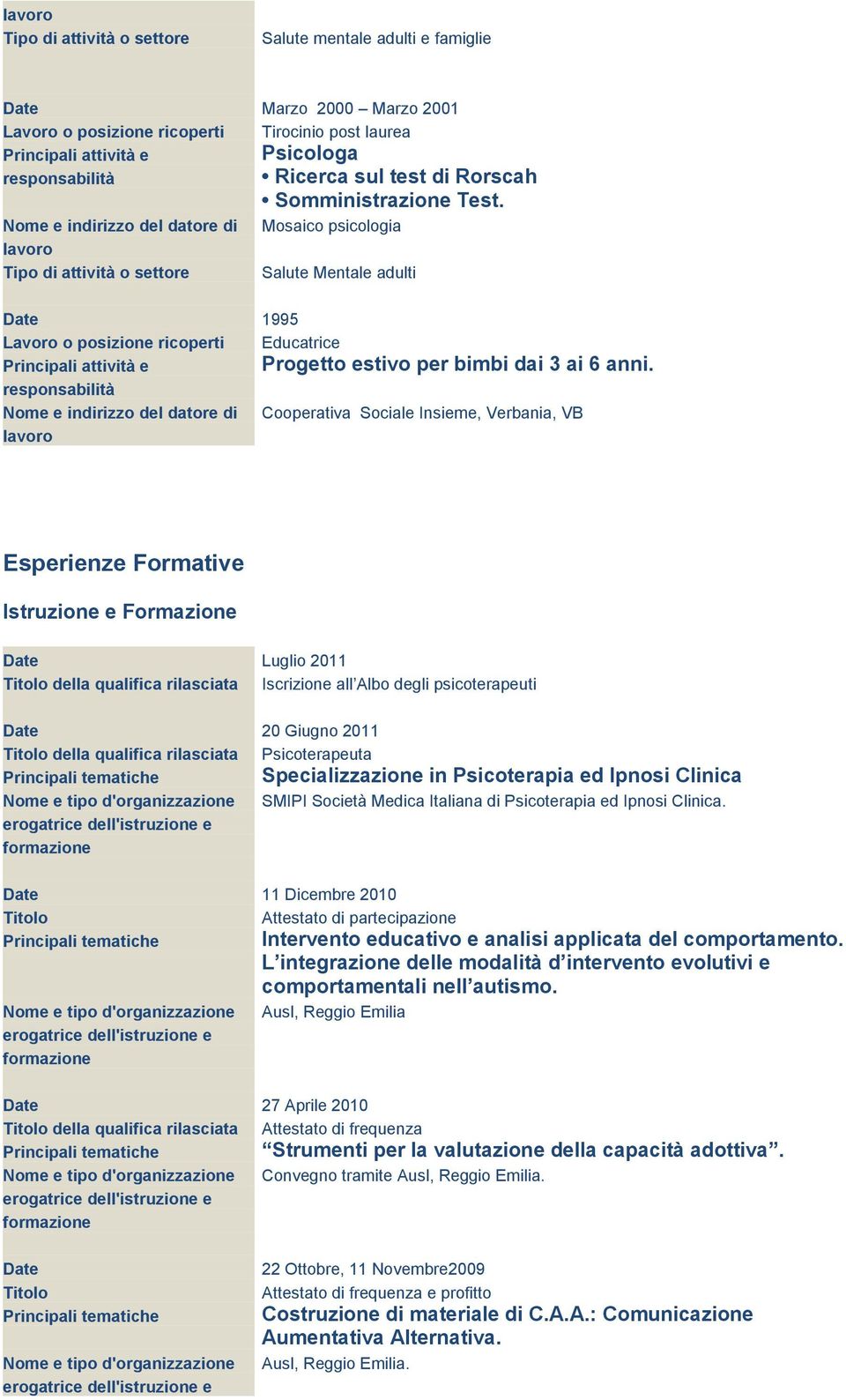 Esperienze Formative Istruzione e Formazione Luglio 2011 della qualifica rilasciata Iscrizione all Albo degli psicoterapeuti 20 Giugno 2011 della qualifica rilasciata Psicoterapeuta SMIPI Società