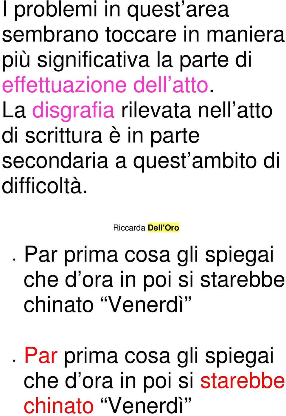 La disgrafia rilevata nell atto di scrittura è in parte secondaria a quest ambito di