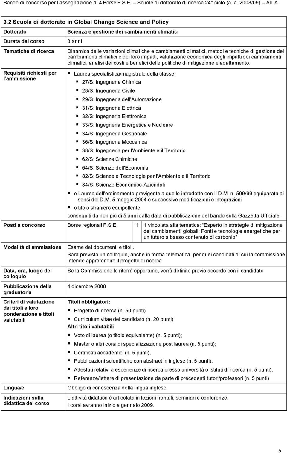 Laurea specialistica/magistrale della classe: 7/S: Ingegneria Chimica 8/S: Ingegneria Civile 9/S: Ingegneria dell'automazione 31/S: Ingegneria Elettrica 3/S: Ingegneria Elettronica 33/S: Ingegneria