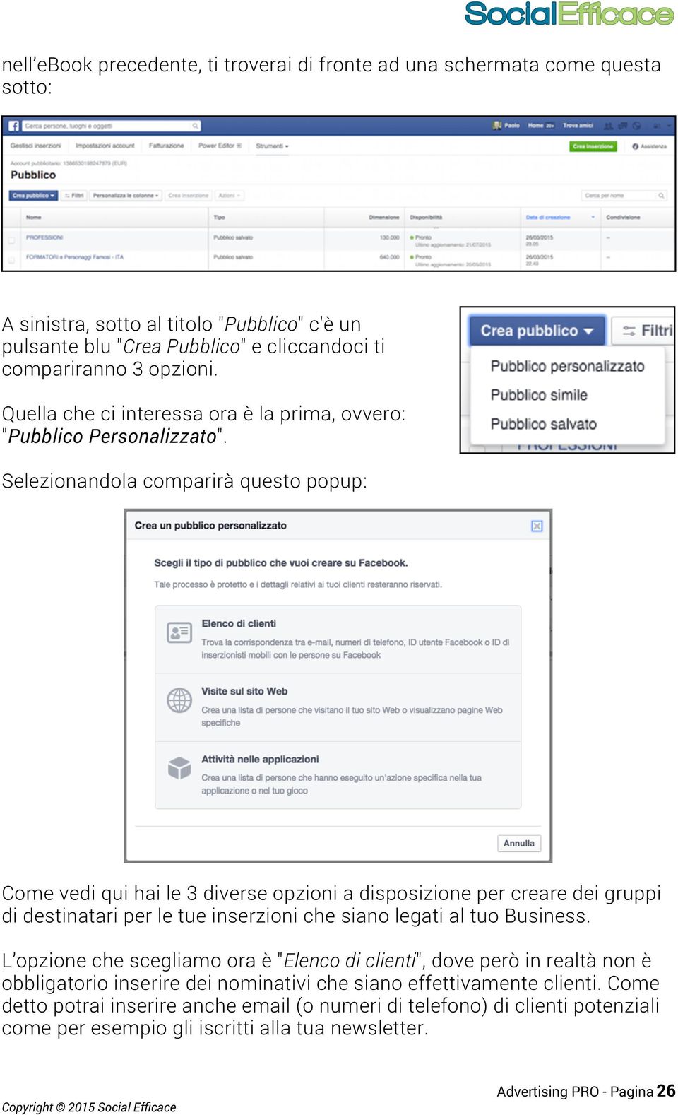 Selezionandola comparirà questo popup: Come vedi qui hai le 3 diverse opzioni a disposizione per creare dei gruppi di destinatari per le tue inserzioni che siano legati al tuo Business.