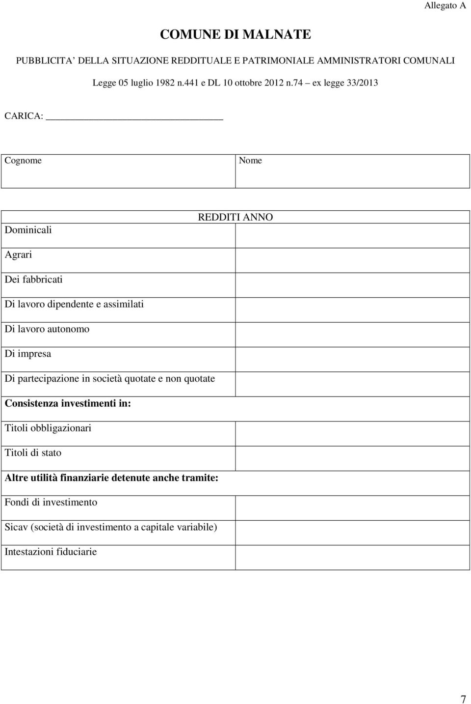 74 ex legge 33/2013 CARICA: Cognome Nome Dominicali REDDITI ANNO Agrari Dei fabbricati Di lavoro dipendente e assimilati Di lavoro autonomo Di