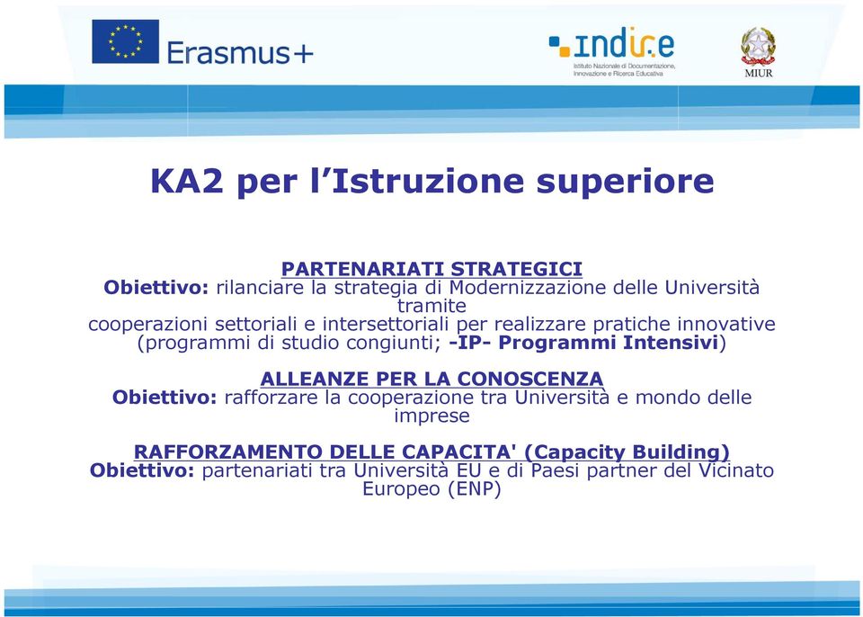 Programmi Intensivi) ALLEANZE PER LA CONOSCENZA Obiettivo: rafforzare la cooperazione tra Università e mondo delle imprese