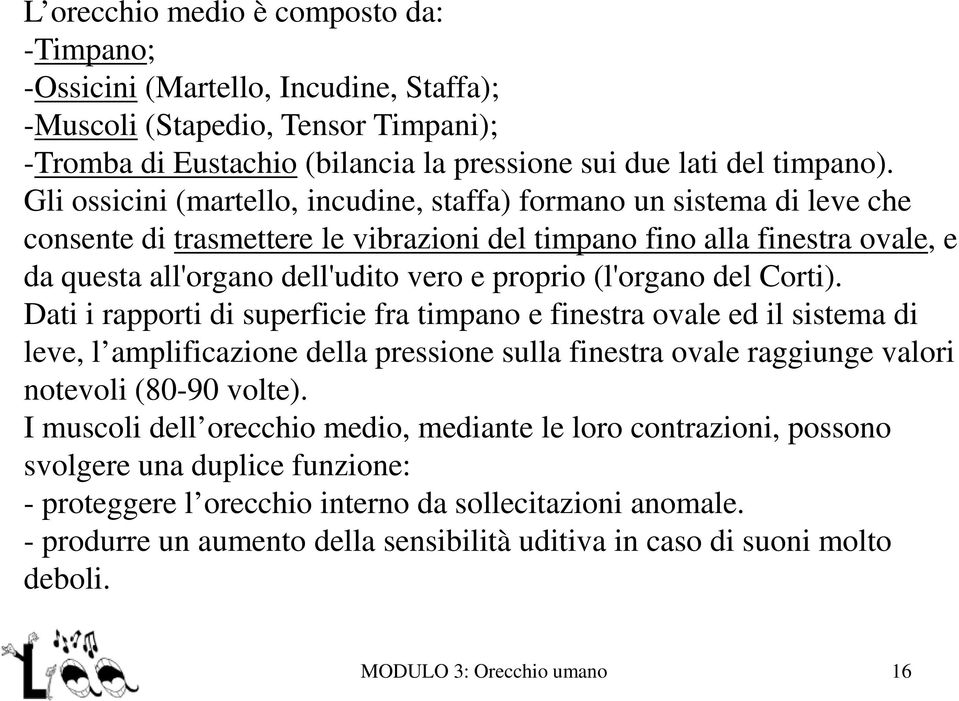 (l'organo del Corti). Dati i rapporti di superficie fra timpano e finestra ovale ed il sistema di leve, l amplificazione della pressione sulla finestra ovale raggiunge valori notevoli (80-90 volte).