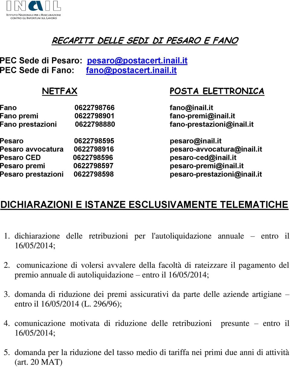 it Pesaro CED 0622798596 pesaro-ced@inail.it Pesaro premi 0622798597 pesaro-premi@inail.it Pesaro prestazioni 0622798598 pesaro-prestazioni@inail.