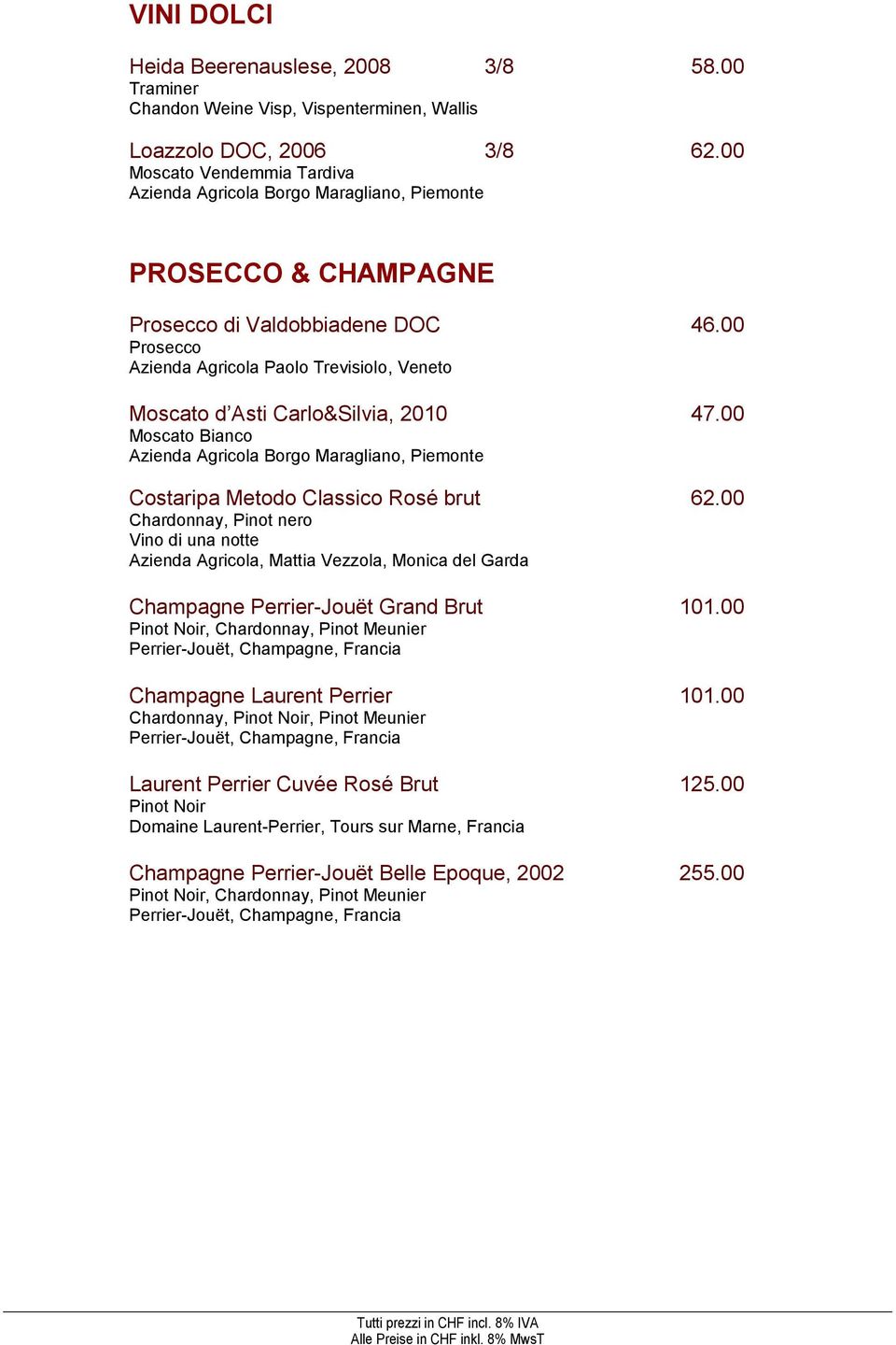 00 Moscato Bianco Costaripa Metodo Classico Rosé brut 62.00 Chardonnay, Pinot nero Vino di una notte Azienda Agricola, Mattia Vezzola, Monica del Garda Champagne Perrier-Jouët Grand Brut 101.