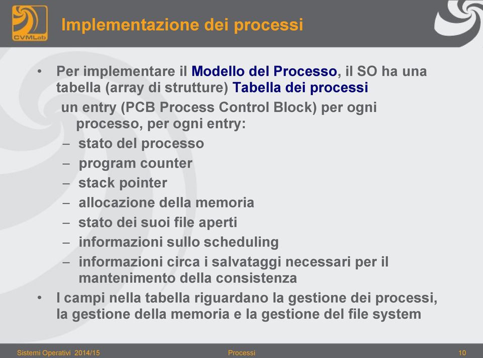 stato dei suoi file aperti informazioni sullo scheduling informazioni circa i salvataggi necessari per il mantenimento della consistenza I