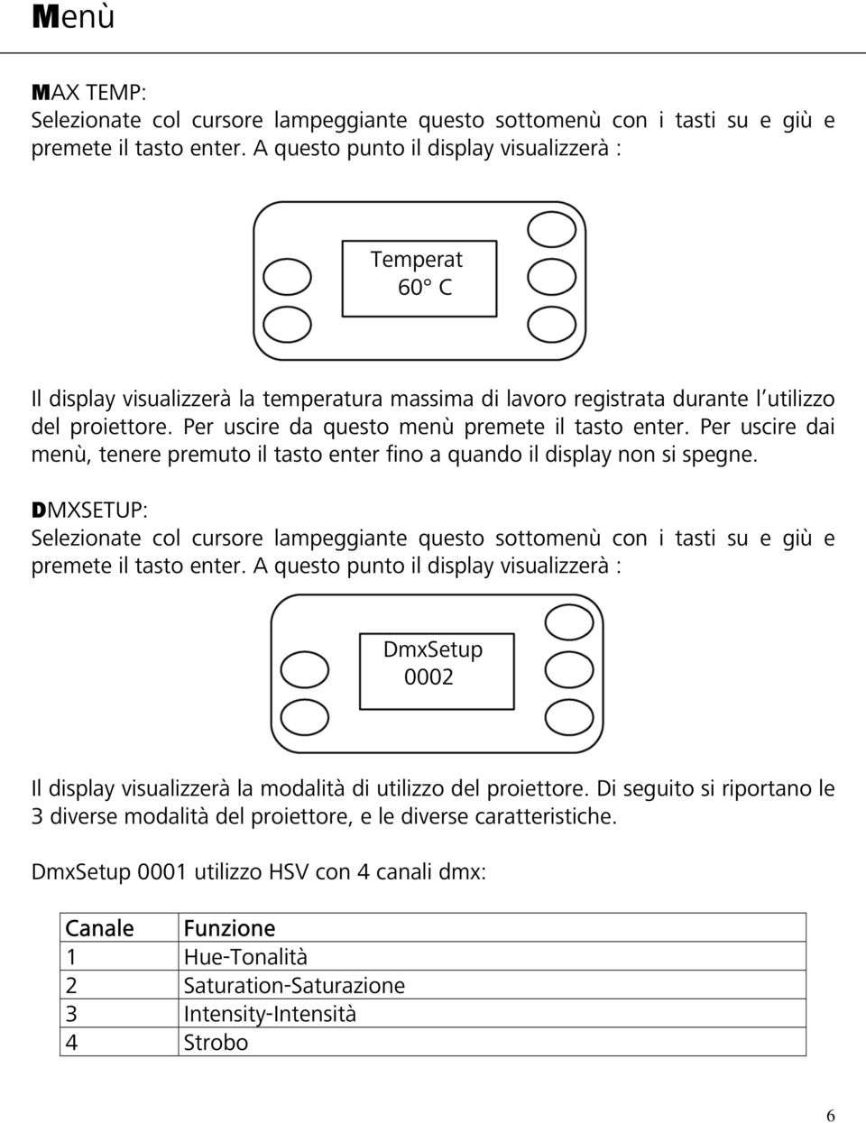 DMXSETUP: DmxSetup 0002 Il display visualizzerà la modalità di utilizzo del proiettore.