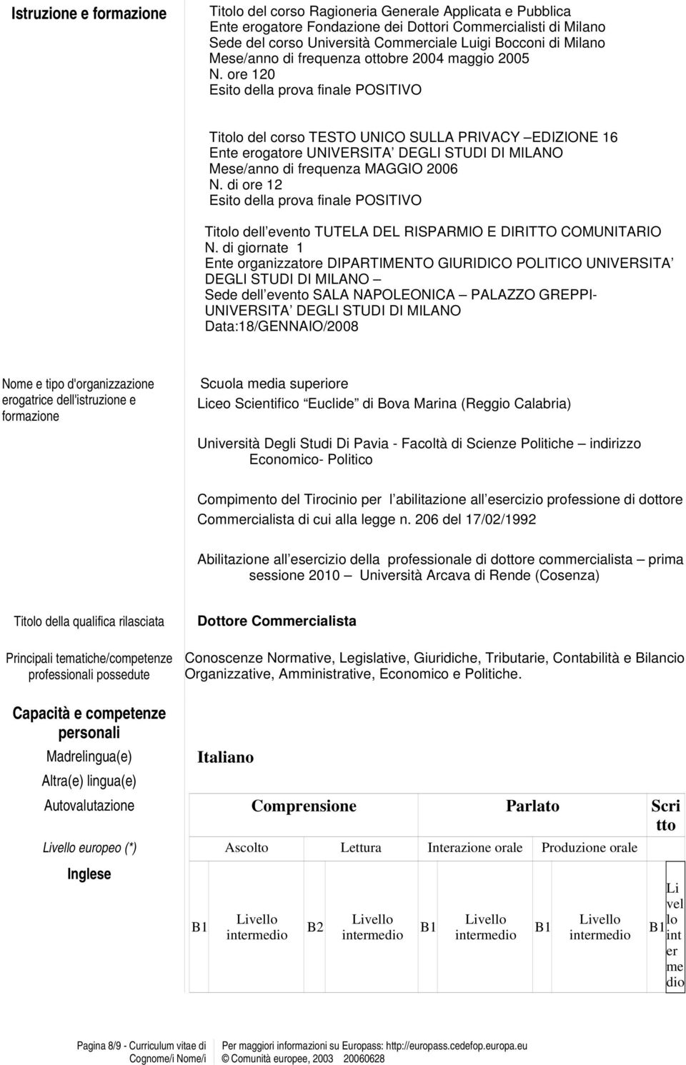 ore 120 Esito della prova finale POSITIVO Titolo del corso TESTO UNICO SULLA PRIVACY EDIZIONE 16 Ente erogatore UNIVERSITA DEGLI STUDI DI MILANO Mese/anno di frequenza MAGGIO 2006 N.