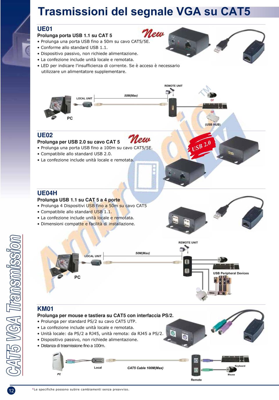 REMOTE UNIT LOCAL UNIT 50M(Max) or PC UE02 Prolunga per USB 2.0 su cavo CAT 5 Prolunga una porta USB fino a 100m su cavo CAT5/5E. Compatibile allo standard USB 2.0. La confezione include unità locale e remotata.