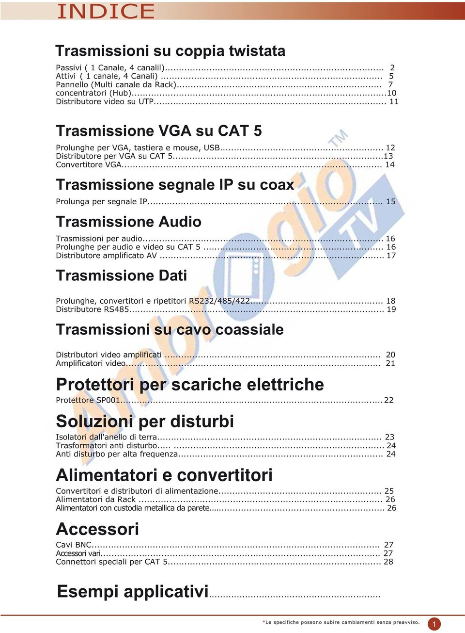 .. 15 Trasmissione Audio Trasmissioni per audio... 16 Prolunghe per audio e video su CAT 5... 16 Distributore amplificato AV... 17 Trasmissione Dati Prolunghe, convertitori e ripetitori RS232/485/422.