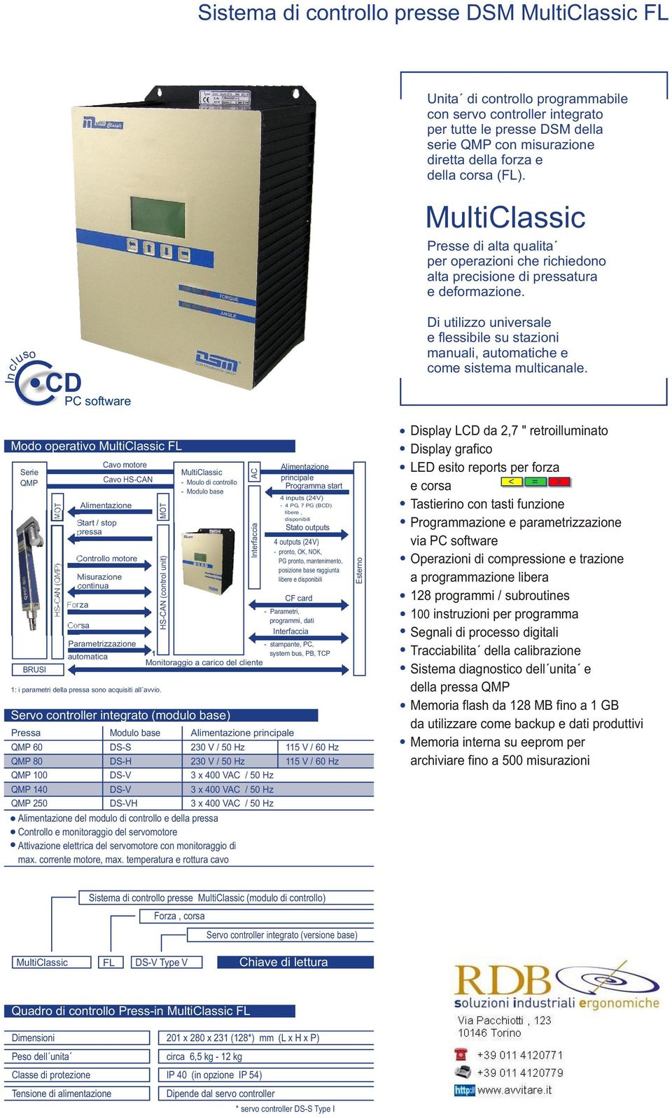 Di utilizzo universale e flessibile su stazioni manuali, automatiche e come sistema multicanale. Modo operativo MultiClassic FL Serie QMP BRUSI : i parametri della pressa sono acquisiti all avvio.