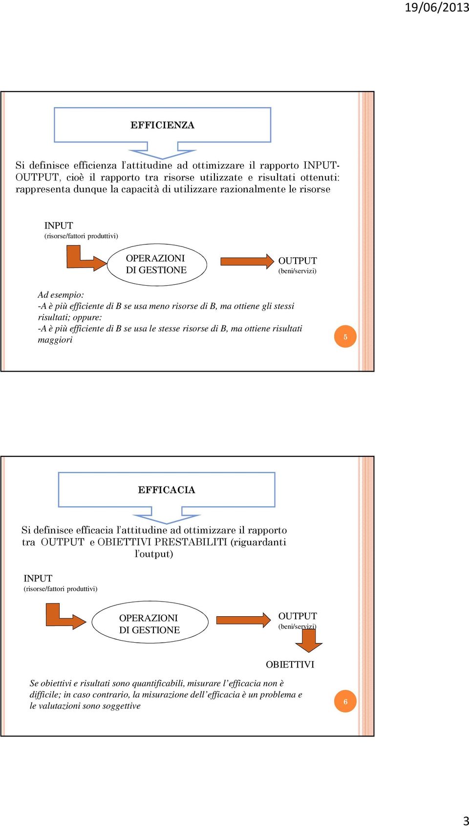 risultati; oppure: -A è più efficiente di B se usa le stesse risorse di B, ma ottiene risultati maggiori 5 EFFICACIA Si definisce efficacia l attitudine ad ottimizzare il rapporto tra OUTPUT e