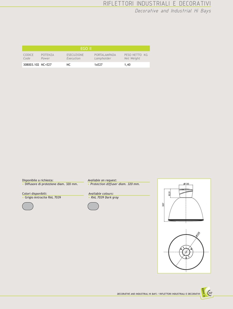 102 NC+E27 NC 1xE27 1,40 Disponibile a richiesta: Diffusore di protezione diam. 320 mm.