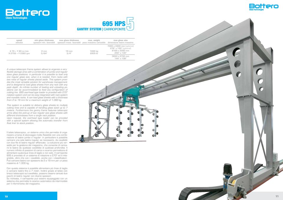 weight X 70 Y 60 m/min X 2756 Y 2362 ipm 2 mm 5/64 19 mm 3/4 1000 kg 2205 Ib 7000 x 3300 mm (optional) 276 x 130 (optional) A unique telescopic frame system allows to organize a very flexible storage