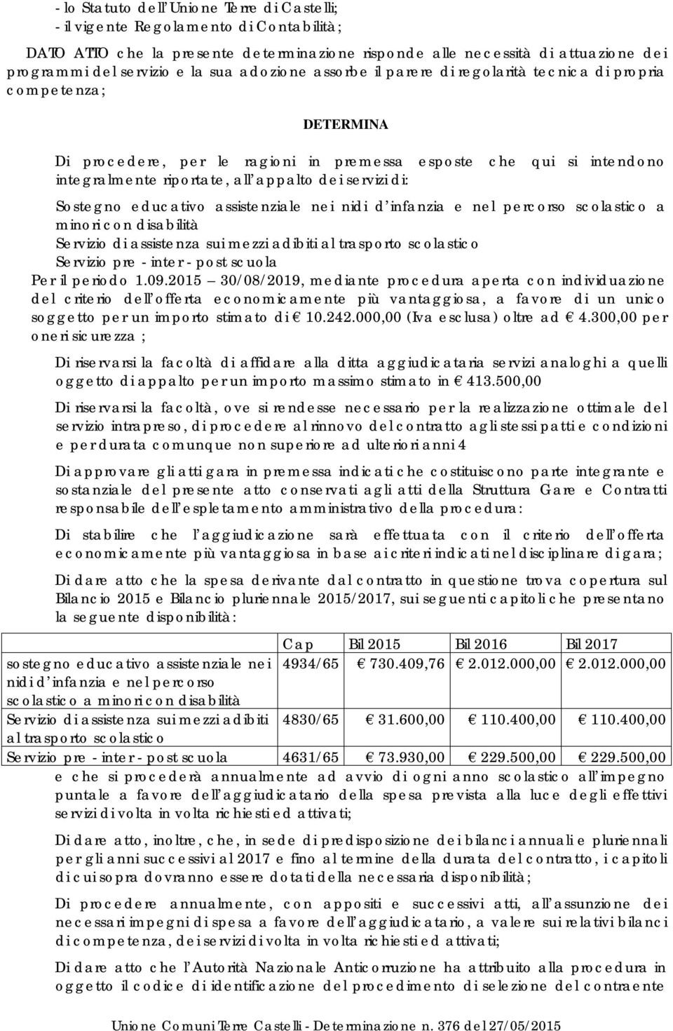 servizi di: Sostegno educativo assistenziale nei nidi d infanzia e nel percorso scolastico a minori con disabilità Servizio di assistenza sui mezzi adibiti al trasporto scolastico Servizio pre -