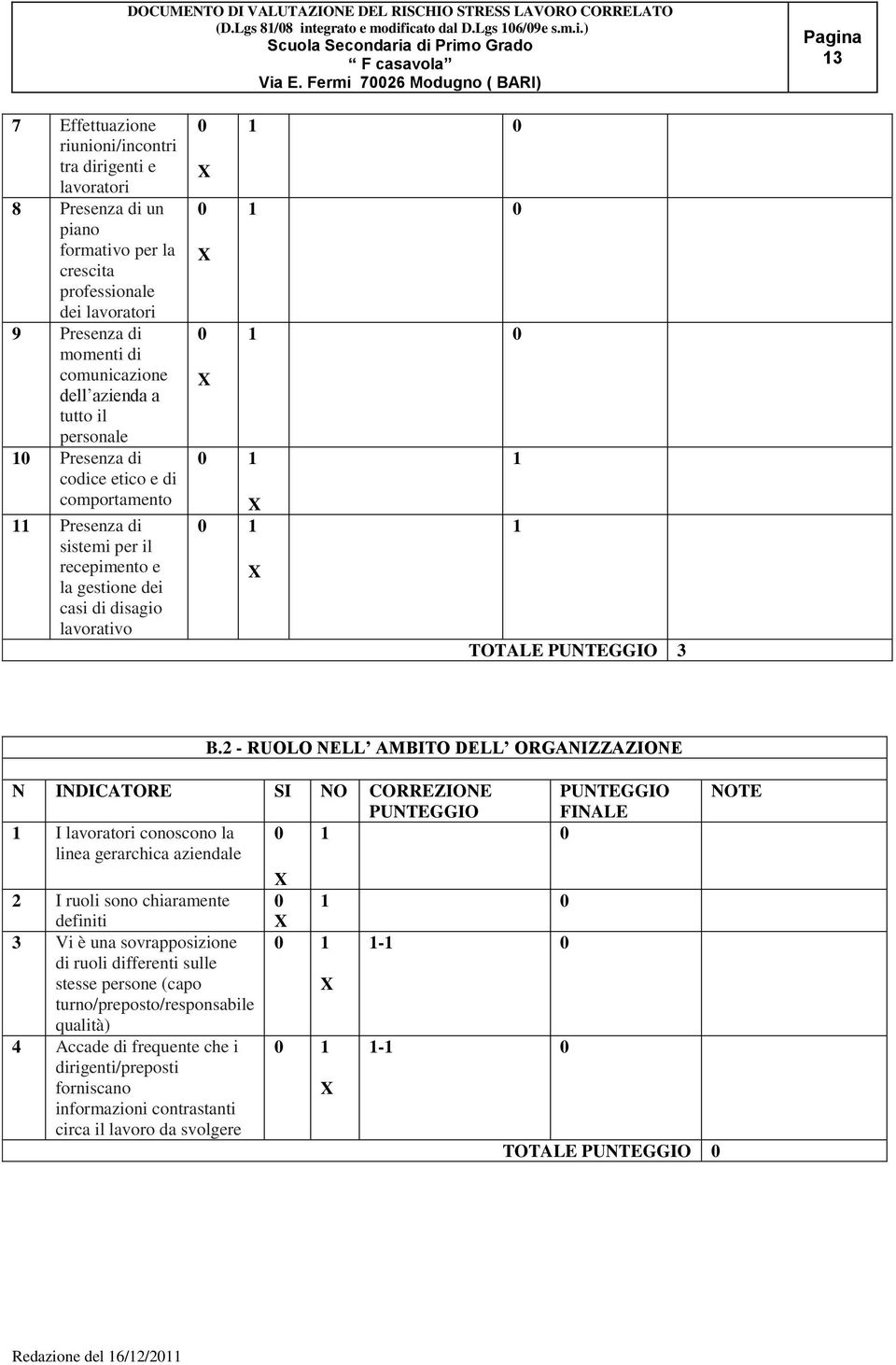 3 B.2 - RUOLO NELL AMBITO DELL ORGANIZZAZIONE N INDICATORE SI NO CORREZIONE PUNTEGGIO NOTE PUNTEGGIO FINALE 1 I lavoratori conoscono la 0 1 0 linea gerarchica aziendale 2 I ruoli sono chiaramente 0 1